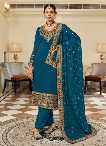 Blue color Embroidered Vichitra Silk Pakistani Suit