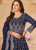 Blue color Faux Georgette Anarkali Salwar Kameez with Embroidered - 3