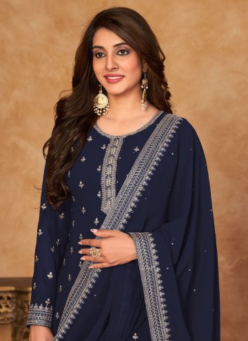 Blue color Faux Georgette Trendy Salwar Kameez with Embroidered
