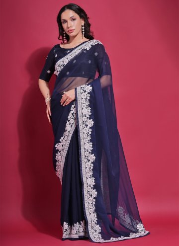 Blue color Georgette Contemporary Saree with Embroidered