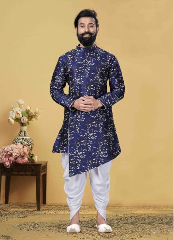 Blue color Jacquard Silk Indo Western with Embroid