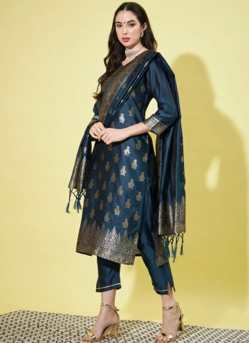 Blue color Jacquard Work Cotton Silk Designer Salwar Kameez