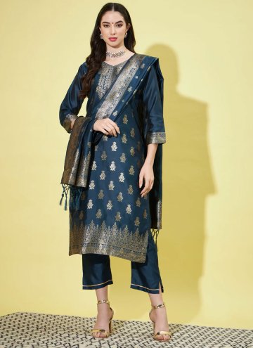 Blue color Jacquard Work Cotton Silk Designer Salwar Kameez