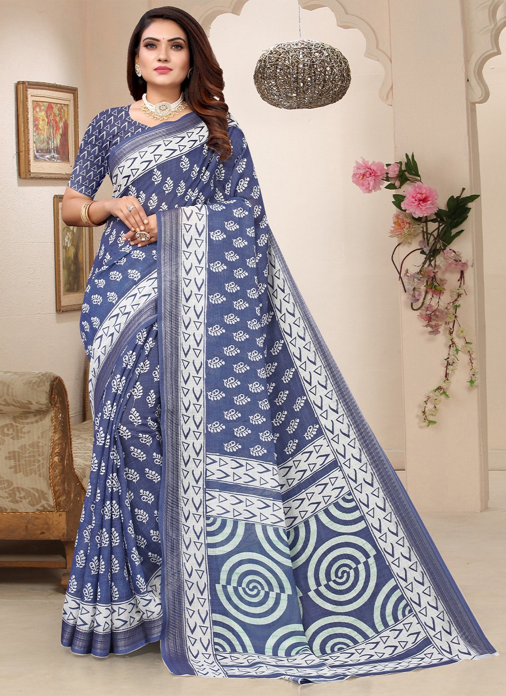 Blue color Linen Casual Saree with Border