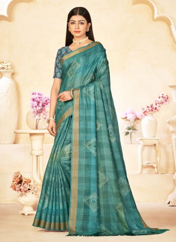 Blue color Linen Classic Designer Saree with Print
