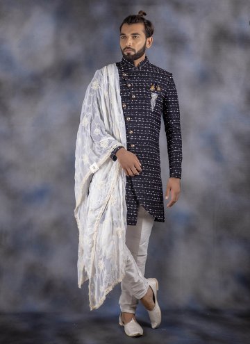 Blue color Lucknowi Indo Western Sherwani with Emb