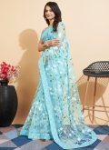 Blue color Net Classic Designer Saree with Embroidered - 3