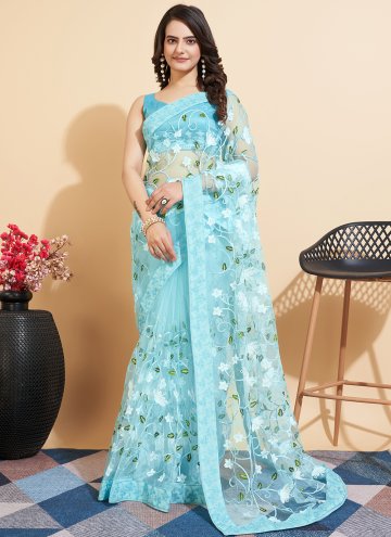 Blue color Net Classic Designer Saree with Embroidered