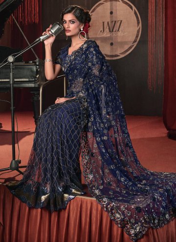 Blue color Net Contemporary Saree with Embroidered