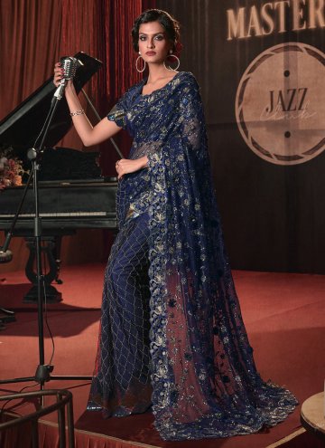 Blue color Net Contemporary Saree with Embroidered