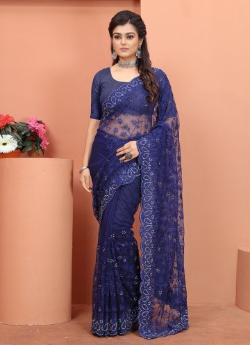 Blue color Net Trendy Saree with Embroidered