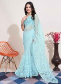 Blue color Net Trendy Saree with Embroidered - 1
