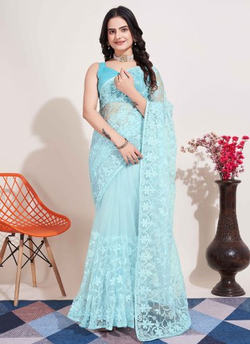 Blue color Net Trendy Saree with Embroidered