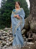 Blue color Organza Trendy Saree with Embroidered - 1