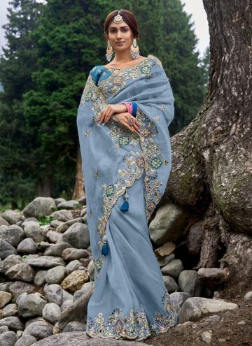 Blue color Organza Trendy Saree with Embroidered