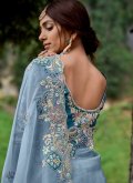 Blue color Organza Trendy Saree with Embroidered - 3
