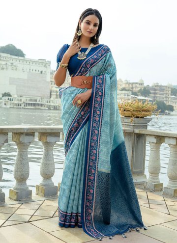 Blue color Printed Cotton Silk Classic Designer Saree