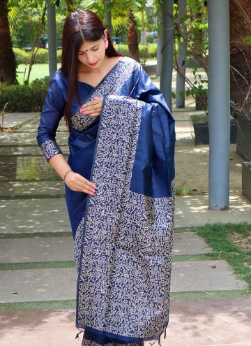 Blue color Raw Silk Traditional Saree with Border