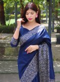Blue color Raw Silk Traditional Saree with Border - 2