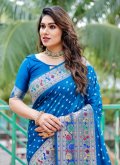 Blue color Silk Bandhani Saree with Bandhej Print - 1