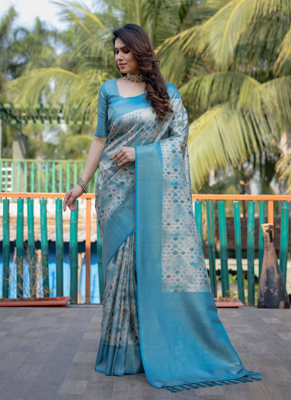 Sky Blue Colour Silk Designer Saree.