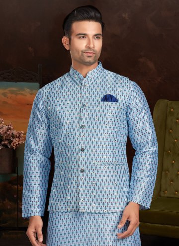 Blue color Silk Nehru Jackets with Mirror Work