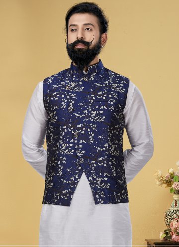Blue color Silk Nehru Jackets with Printed