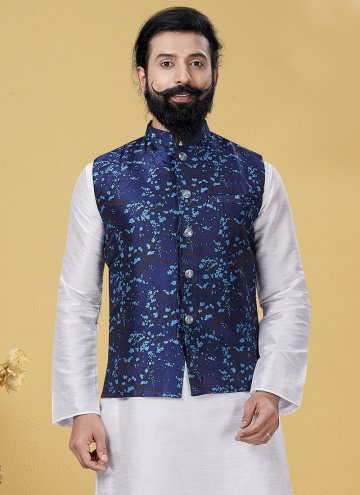 Blue color Silk Nehru Jackets with Printed