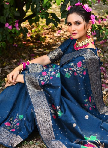 Blue color Tussar Silk Contemporary Saree with Meenakari