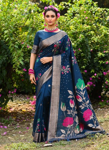 Blue color Tussar Silk Contemporary Saree with Mee