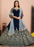 Blue color Velvet Anarkali Salwar Kameez with Embroidered - 1