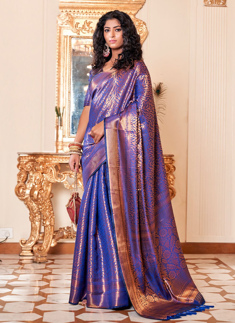 Blue color Woven Kanjivaram Silk Classic Designer Saree
