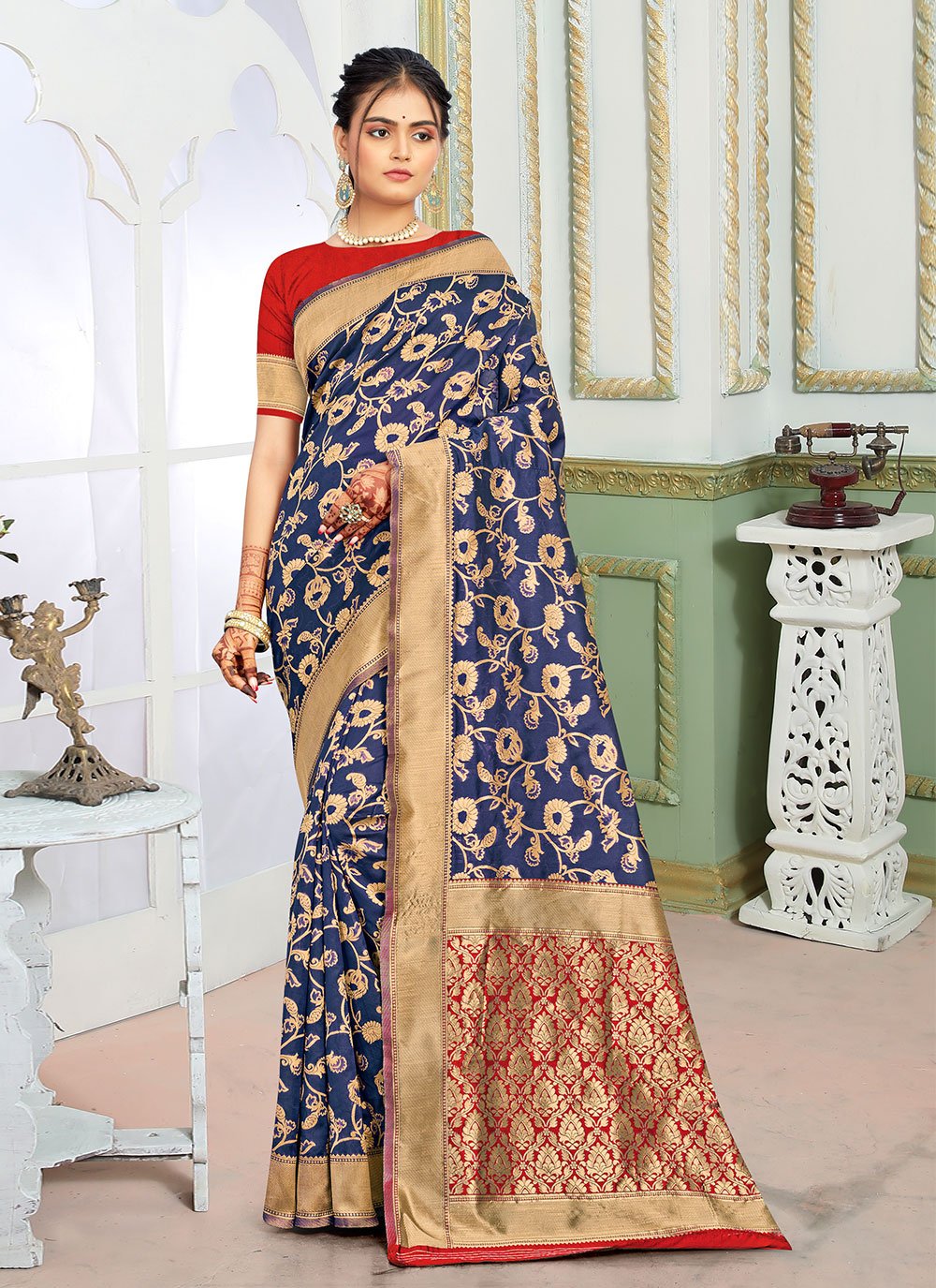 Blue color Woven Silk Classic Designer Saree