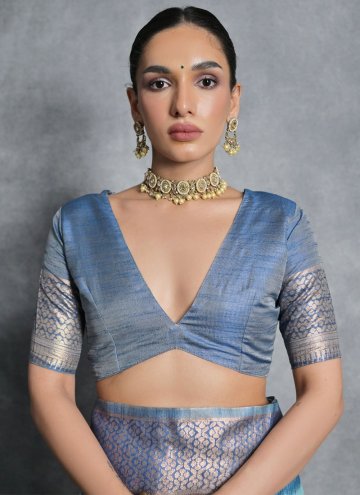 Blue color Woven Tussar Silk Trendy Saree