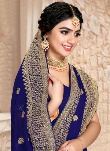 Blue Contemporary Saree in Georgette with Embroidered