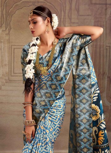 Blue Contemporary Saree in Tussar Silk with Print