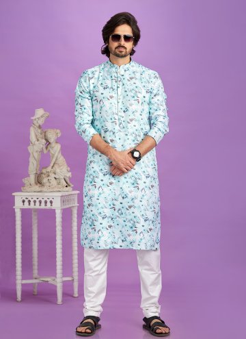 Blue Cotton  Digital Print Kurta Pyjama