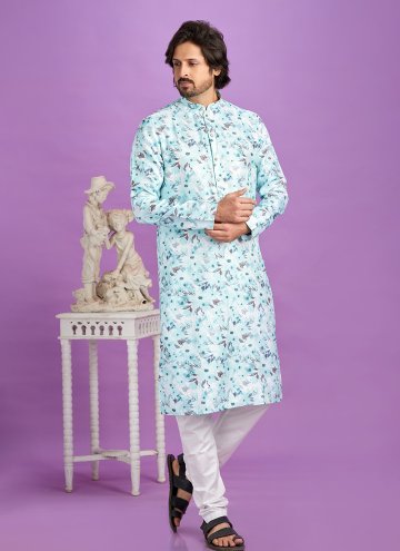 Blue Cotton  Digital Print Kurta Pyjama