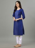 Blue Cotton  Embroidered Designer Kurti for Casual - 2