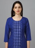 Blue Cotton  Embroidered Designer Kurti for Casual - 3