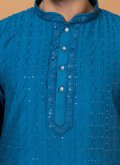 Blue Cotton  Embroidered Kurta Pyjama for Ceremonial - 1