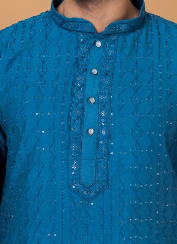 Blue Cotton  Embroidered Kurta Pyjama for Ceremonial