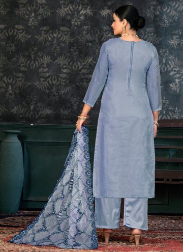 Blue Cotton  Embroidered Palazzo Suit