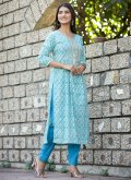 Blue Cotton  Mirror Work Party Wear Kurti for Casual - 3