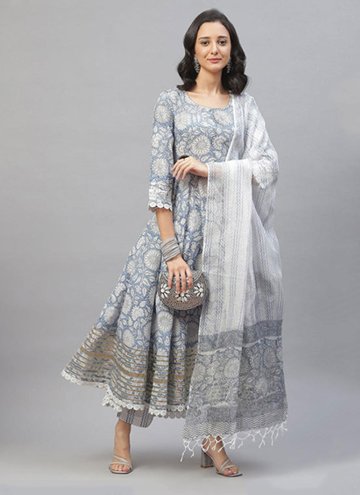 Blue Cotton  Printed Salwar Suit for Ceremonial