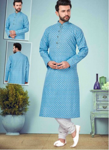 Blue Cotton Silk Printed Kurta Pyjama for Ceremoni
