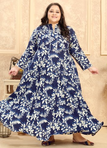 Blue Designer Gown in Rayon with Printed