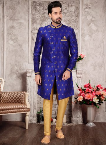 Blue Fancy Fabric Jacquard Work Indo Western Sherw