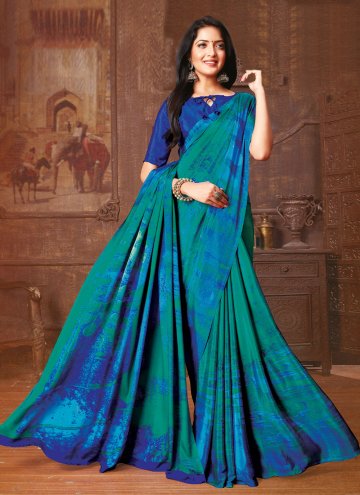 Blue Faux Crepe Abstract Print Contemporary Saree 