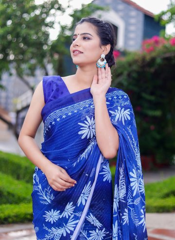 Blue Faux Georgette Digital Print Trendy Saree for Casual